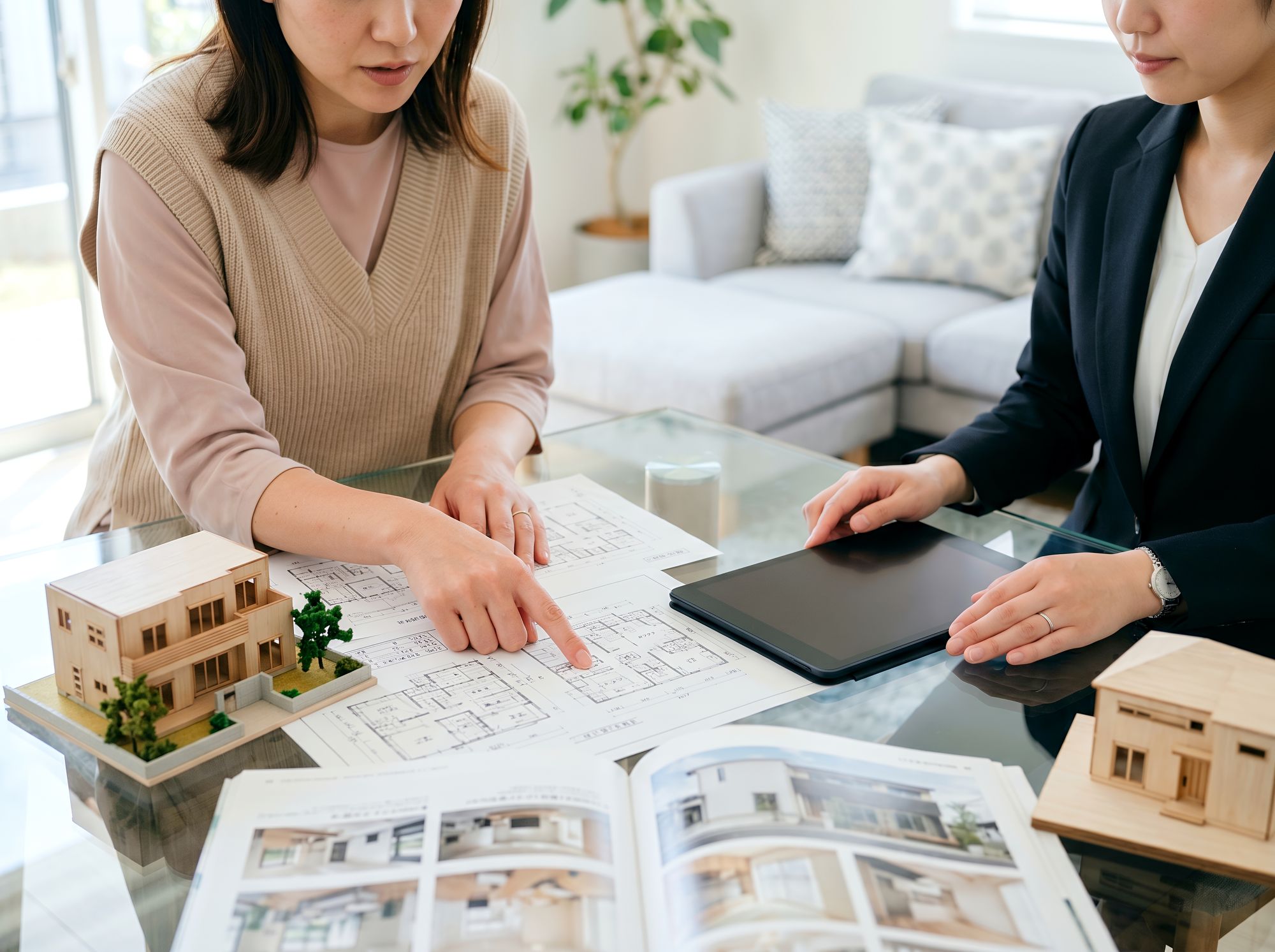模型と図面を前に設計士と打ち合わせをするお客様